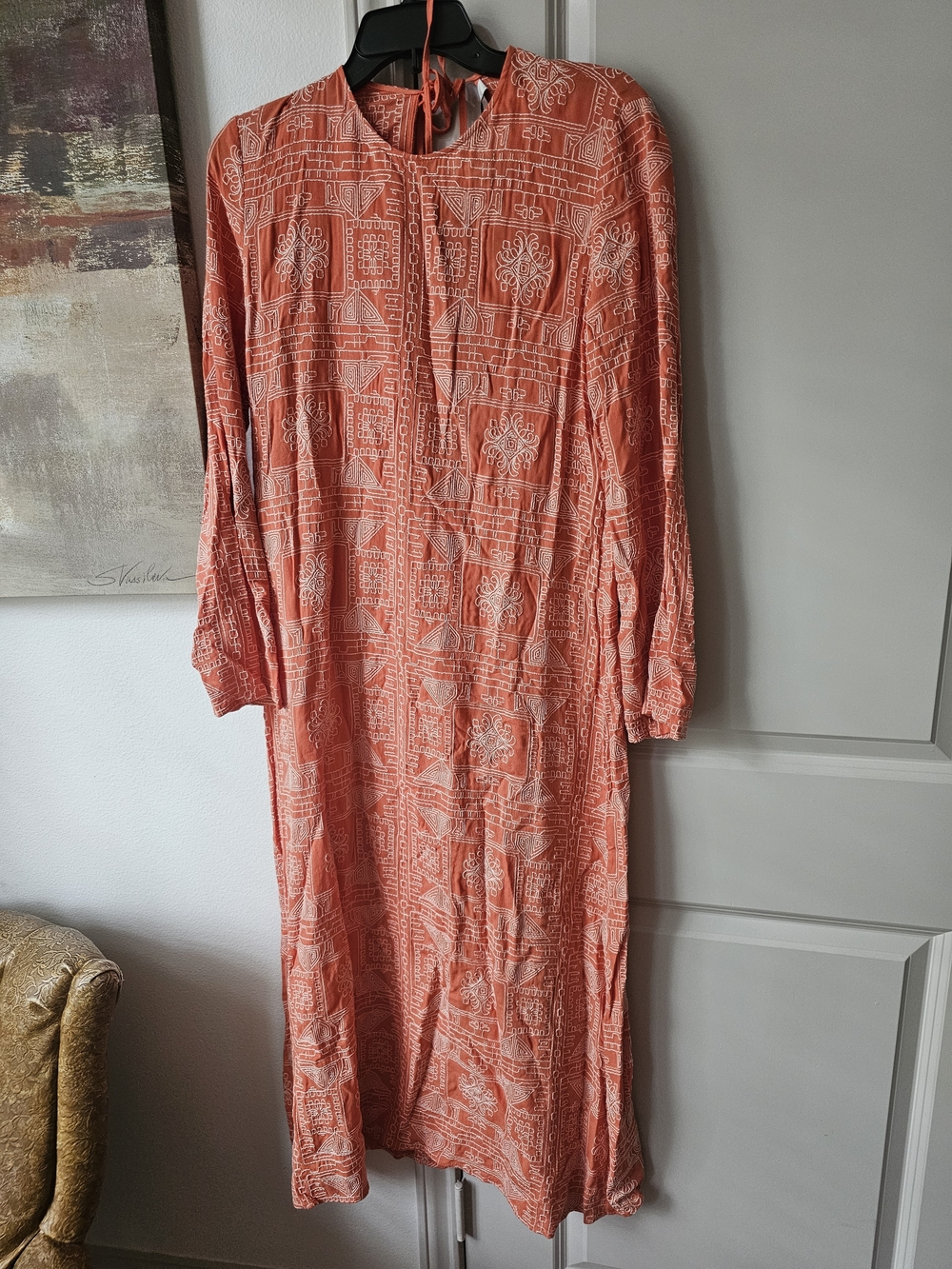 Women's Coral Printed Long Sleeve Midi Dress